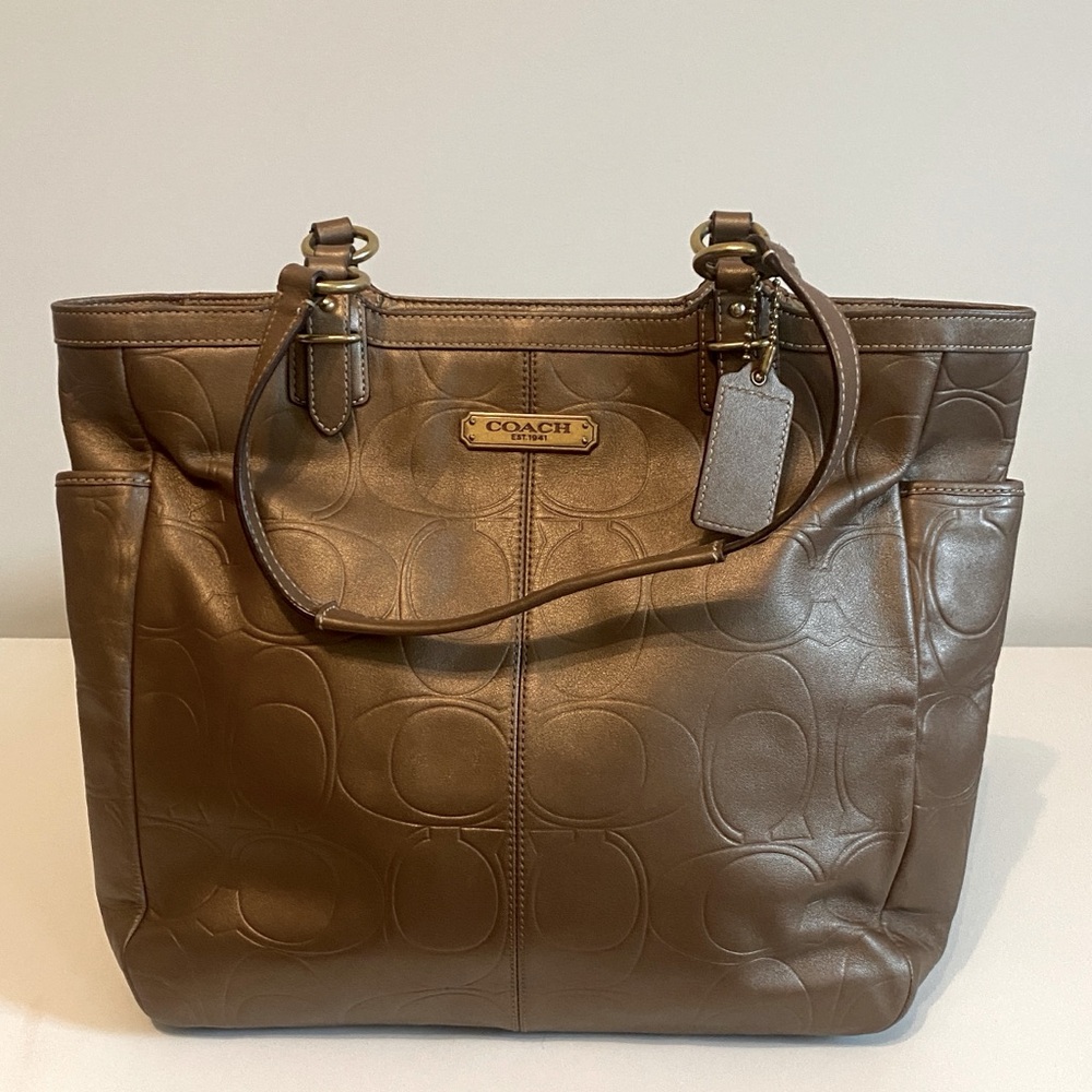 Coach Signature Gallery Metallic Brown Leather Tote Bag